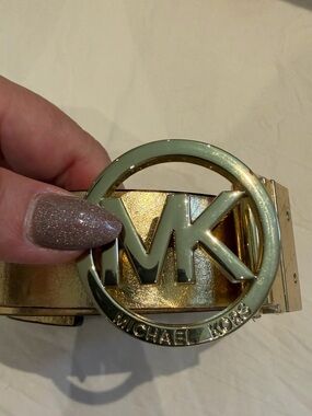 Michael Kors Gold Tone Belt with Light Green Enamel MK Buckle